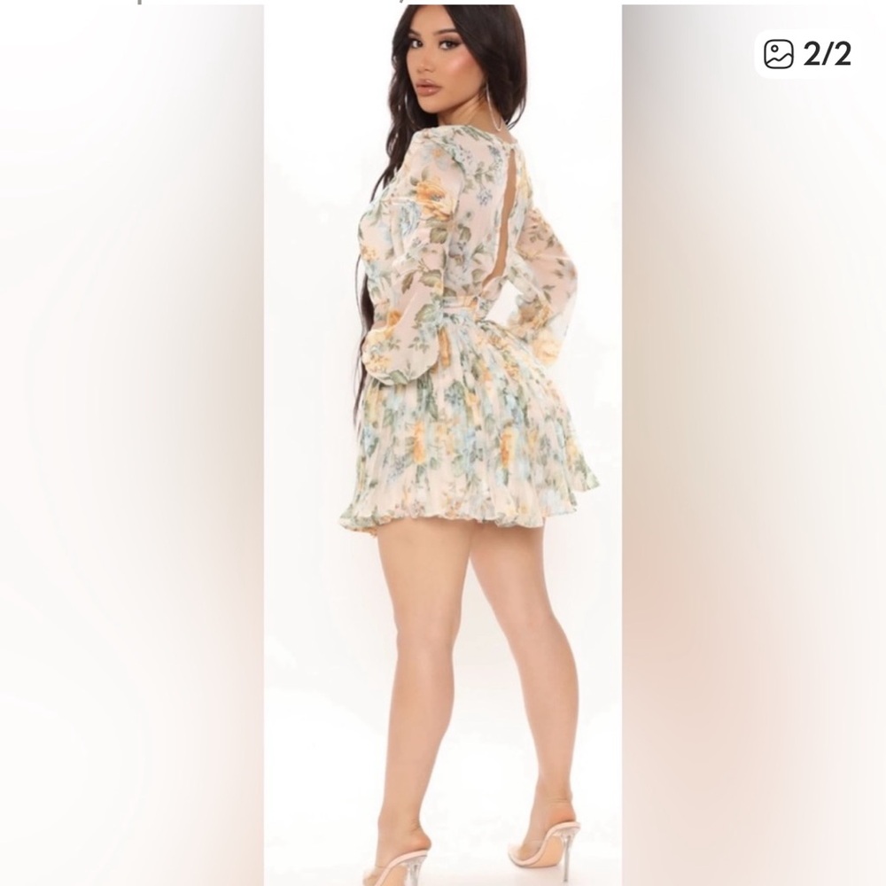 Fashion Nova Floral Long Sleeve Dress - Cream and Green - Picture 2 of 4
